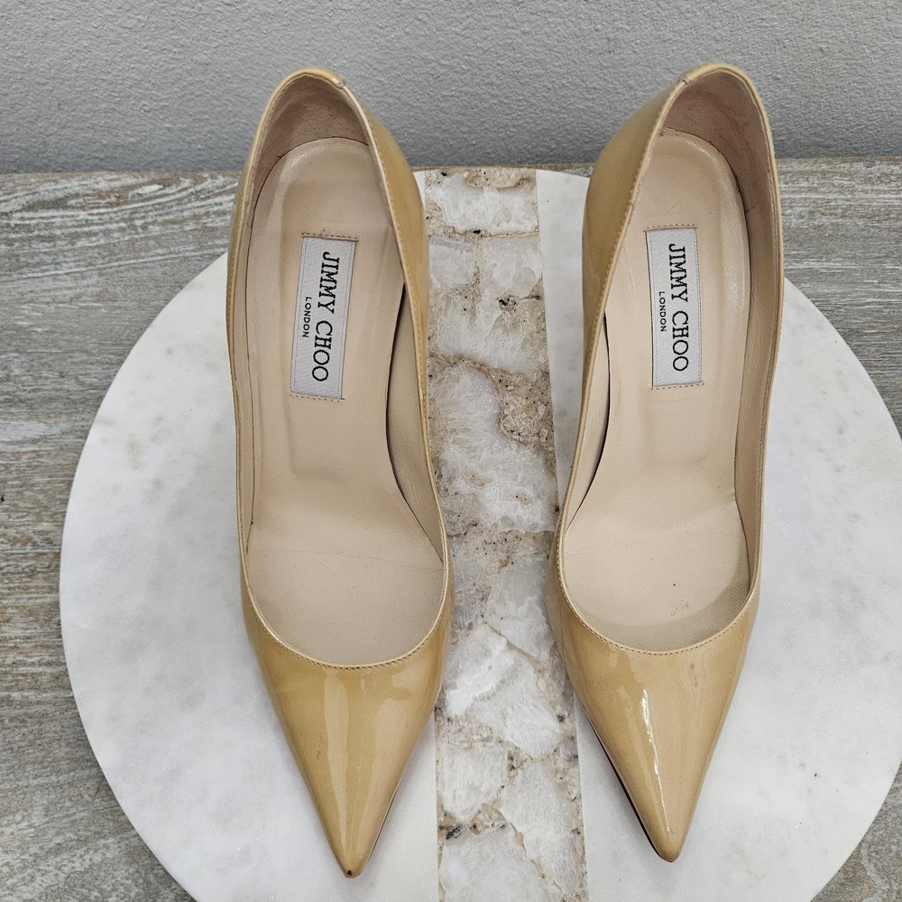 Jimmy Choo Beige Patent Leather Pointed-Toe Pumps - Picture 5 of 12
